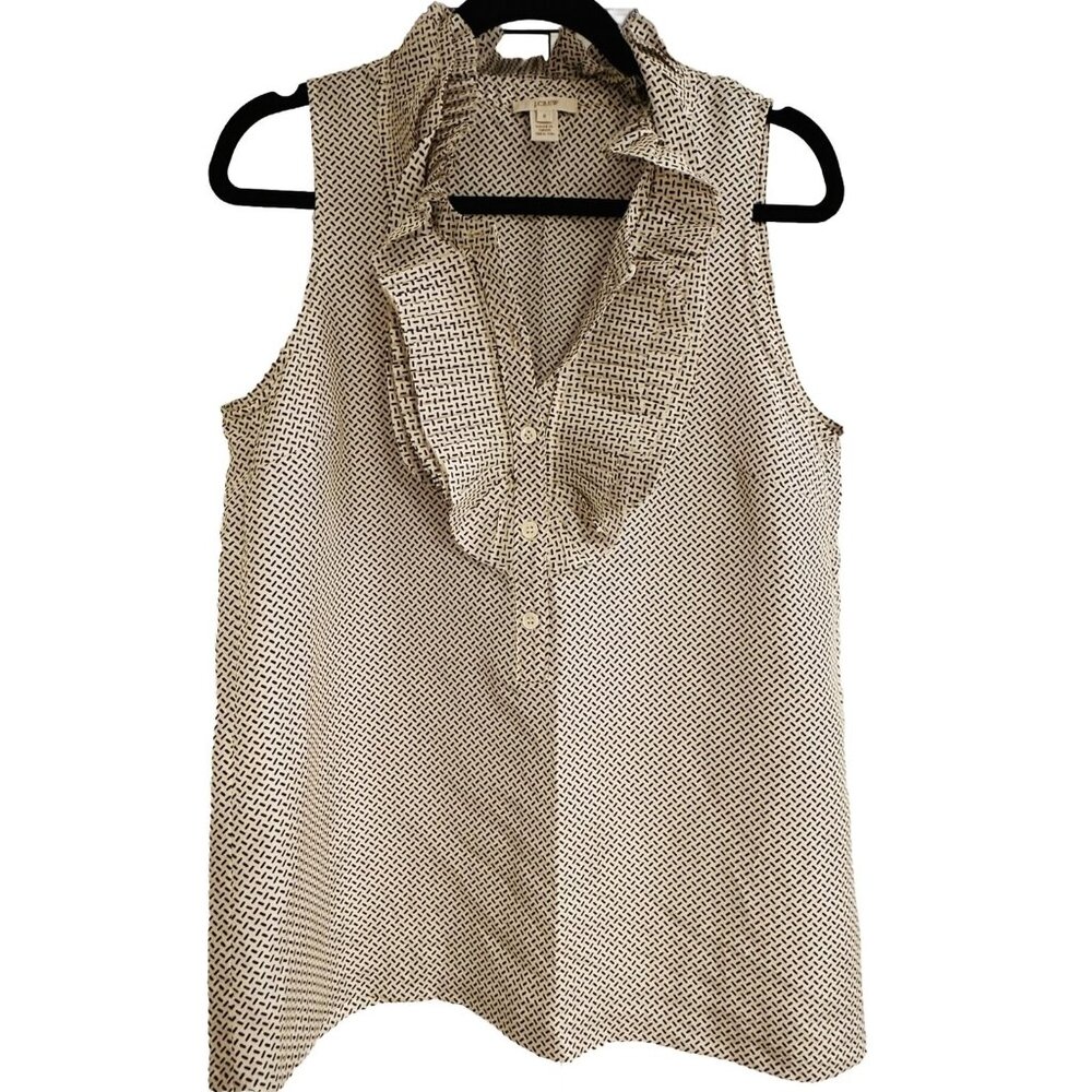 J Crew Womens Size 8 Silk Sleeveless Ruffle Blouse Geometric Pattern Blue/Ivory